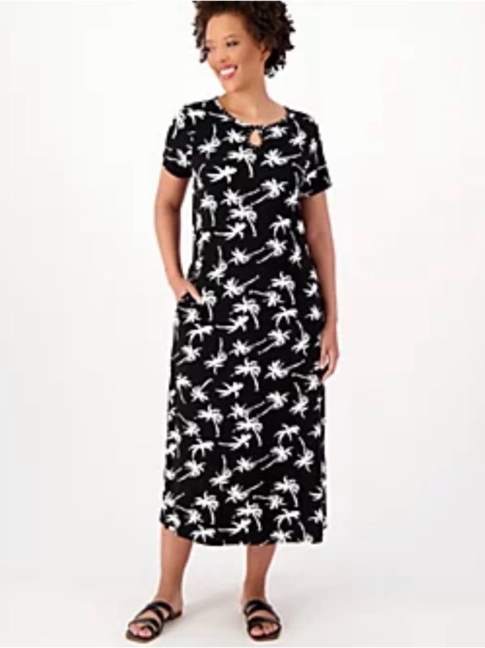 Quacker Factory Black White Palm Print Short Sleeve Maxi Dress Summer Vacation